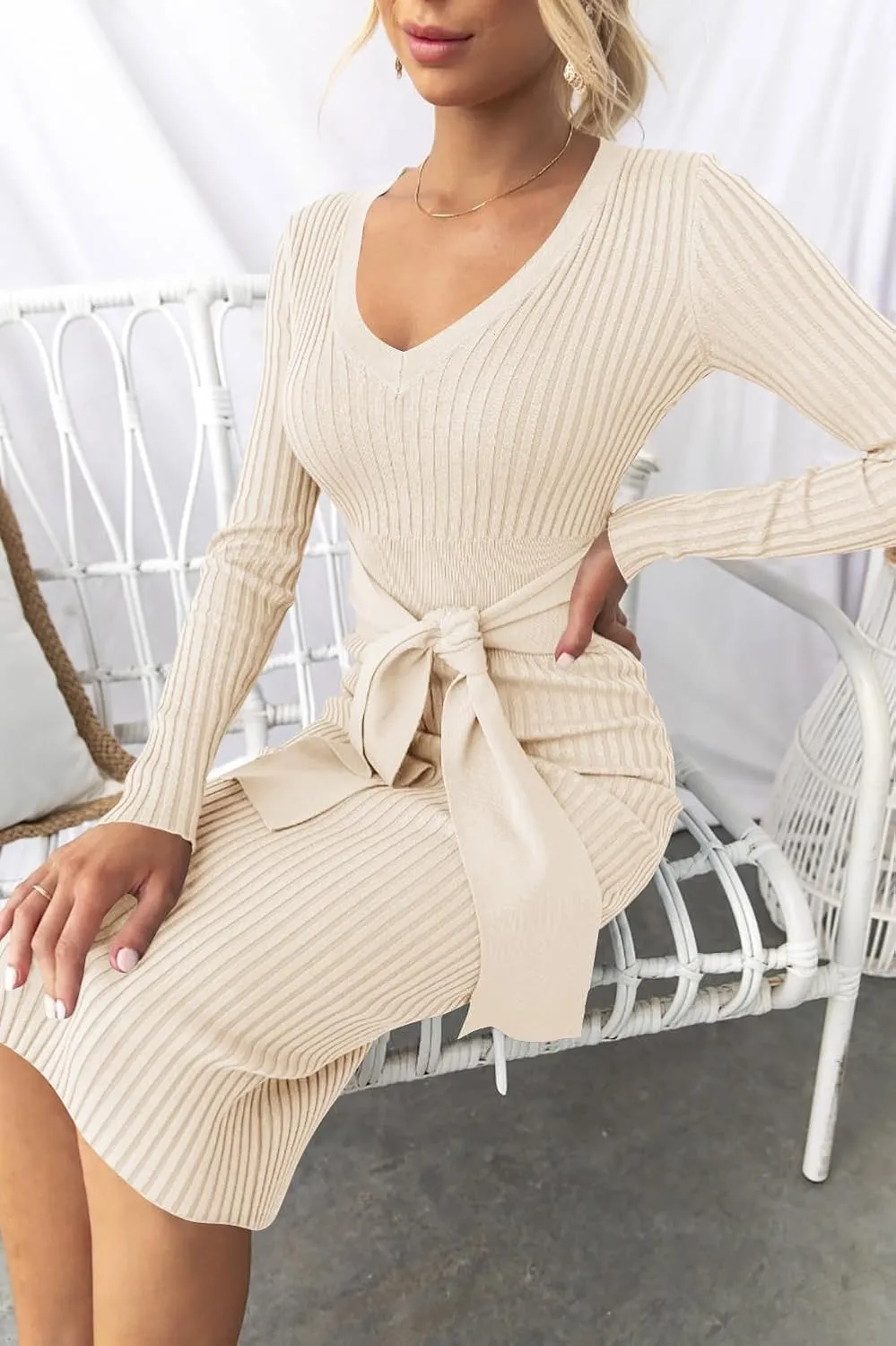 ZESICA Women's Spring Sweater Dress V Neck Long Sleeve Ribbed Knit Tie Waist Slim Fit Bodycon Midi Dresses