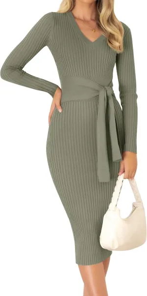 ZESICA Women's Spring Sweater Dress V Neck Long Sleeve Ribbed Knit Tie Waist Slim Fit Bodycon Midi Dresses