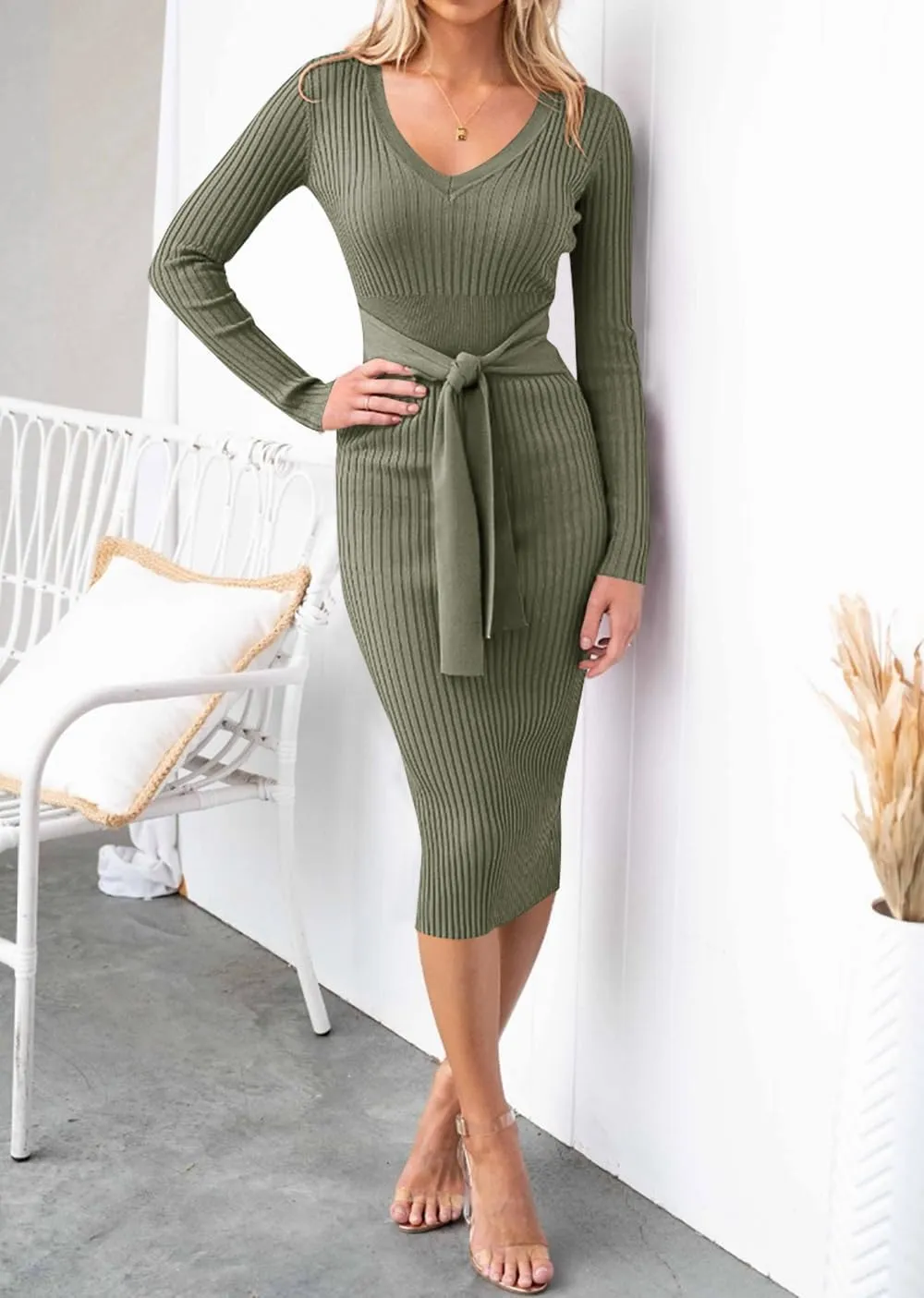 ZESICA Women's Spring Sweater Dress V Neck Long Sleeve Ribbed Knit Tie Waist Slim Fit Bodycon Midi Dresses
