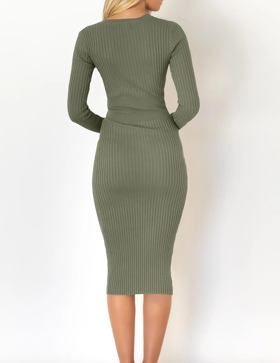 ZESICA Women's Spring Sweater Dress V Neck Long Sleeve Ribbed Knit Tie Waist Slim Fit Bodycon Midi Dresses