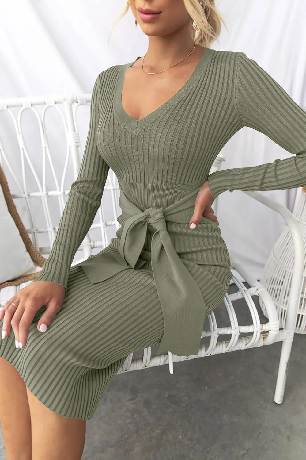 ZESICA Women's Spring Sweater Dress V Neck Long Sleeve Ribbed Knit Tie Waist Slim Fit Bodycon Midi Dresses