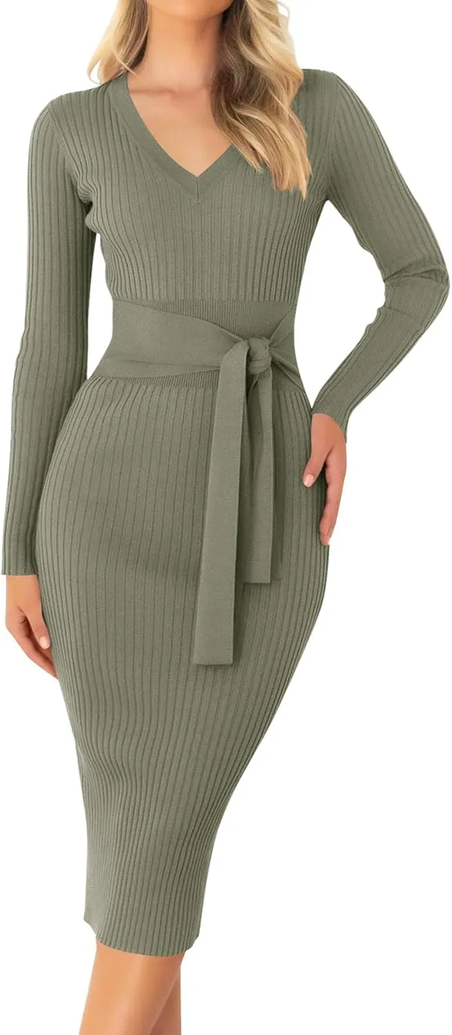 ZESICA Women's Spring Sweater Dress V Neck Long Sleeve Ribbed Knit Tie Waist Slim Fit Bodycon Midi Dresses