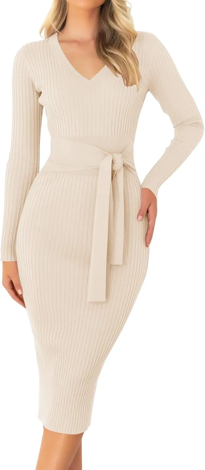 ZESICA Women's Spring Sweater Dress V Neck Long Sleeve Ribbed Knit Tie Waist Slim Fit Bodycon Midi Dresses