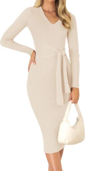 ZESICA Women's Spring Sweater Dress V Neck Long Sleeve Ribbed Knit Tie Waist Slim Fit Bodycon Midi Dresses