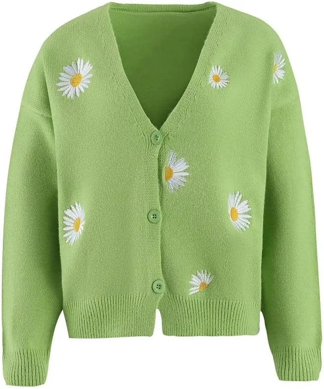 ZOCAVIA Women's Floral Knit Sweaters Cardigan Fall Winter Button Down Open Front Casual Flower Embroidered Cropped Sweaters