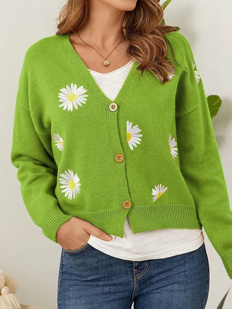 ZOCAVIA Women's Floral Knit Sweaters Cardigan Fall Winter Button Down Open Front Casual Flower Embroidered Cropped Sweaters