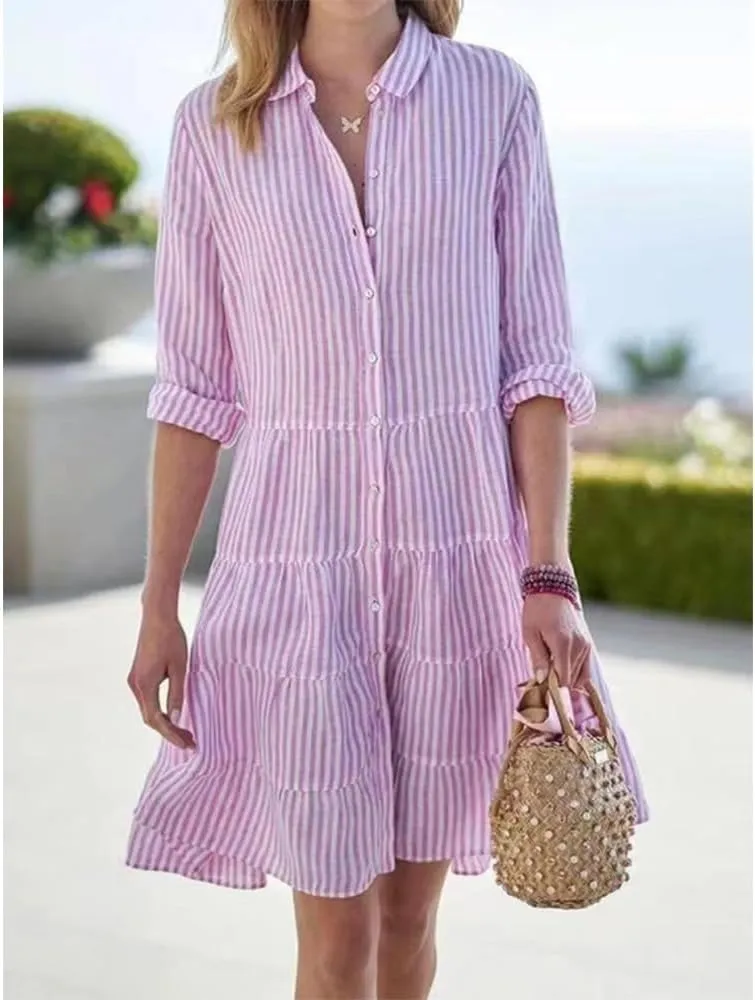 ZOCAVIA Women's Striped Shirt Dress Plus Size Long Sleeve Lapel Button Down Shirt Dress Flowy A-Line Midi Dresses Beach Dress