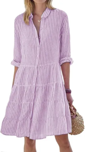 ZOCAVIA Women's Striped Shirt Dress Plus Size Long Sleeve Lapel Button Down Shirt Dress Flowy A-Line Midi Dresses Beach Dress