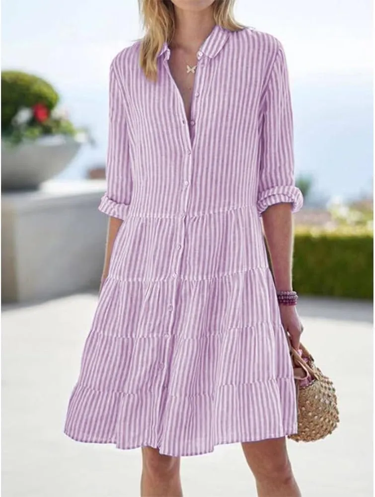 ZOCAVIA Women's Striped Shirt Dress Plus Size Long Sleeve Lapel Button Down Shirt Dress Flowy A-Line Midi Dresses Beach Dress